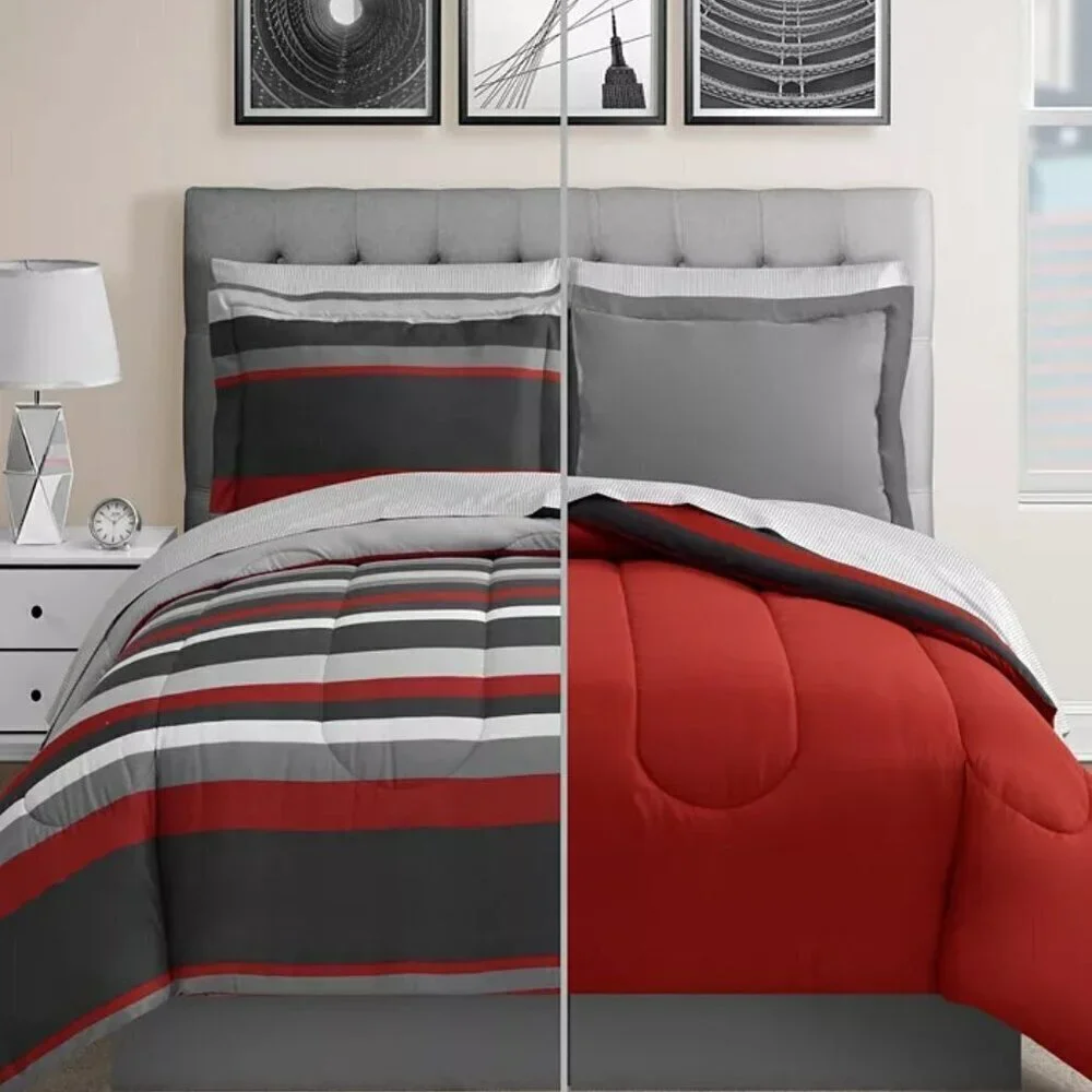 Stripe/Solid Reversible 6Pc. Comforter Set Twin Size Red/Gray/ Black